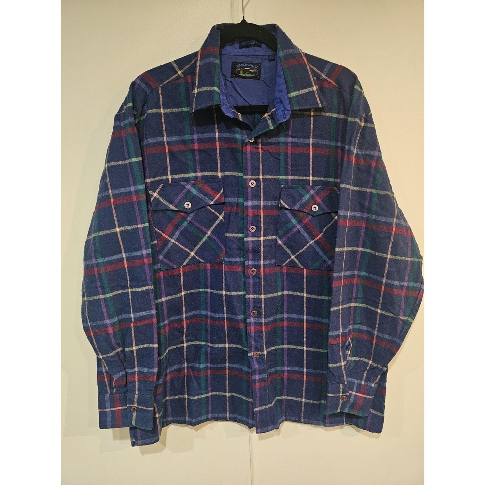 Backpacker Shirt Mens Large Blue Plaid Lined Flannel Button Up Workwear Outdoor